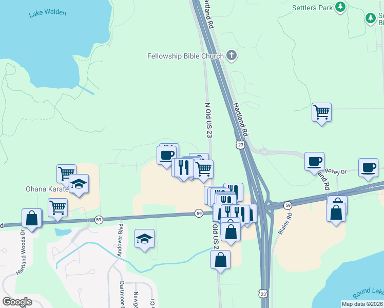 map of restaurants, bars, coffee shops, grocery stores, and more near 10121 Ridge Run Street in Howell
