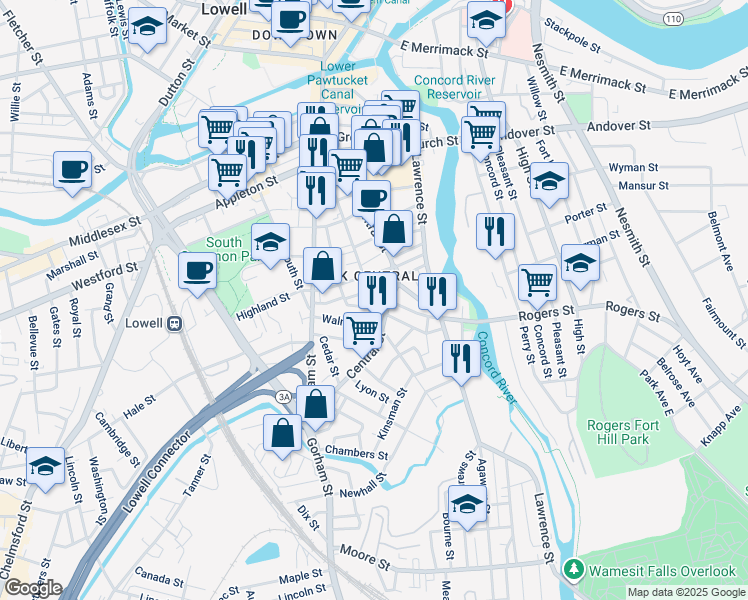 map of restaurants, bars, coffee shops, grocery stores, and more near 52 Walnut Street in Lowell