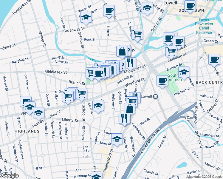 map of restaurants, bars, coffee shops, grocery stores, and more near 16 Bellevue Street in Lowell
