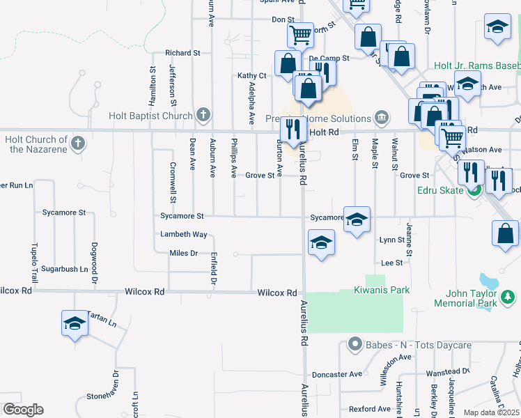 map of restaurants, bars, coffee shops, grocery stores, and more near 4575 Sycamore Street in Delhi charter Township