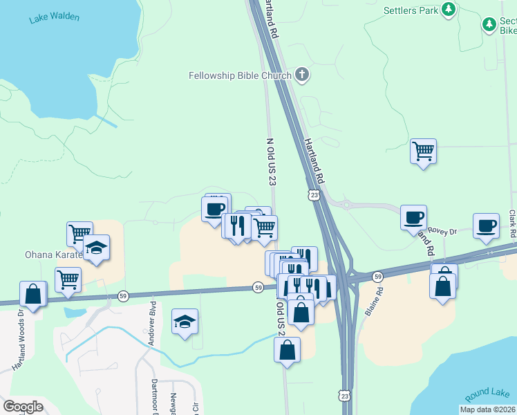 map of restaurants, bars, coffee shops, grocery stores, and more near 10221 Crossview Trail in Howell
