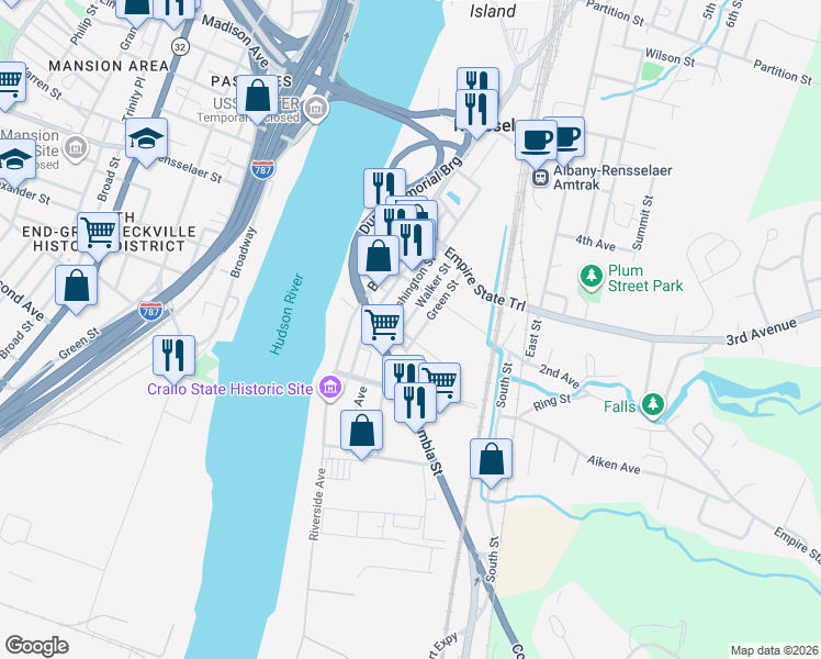 map of restaurants, bars, coffee shops, grocery stores, and more near 96 Columbia Turnpike in Rensselaer
