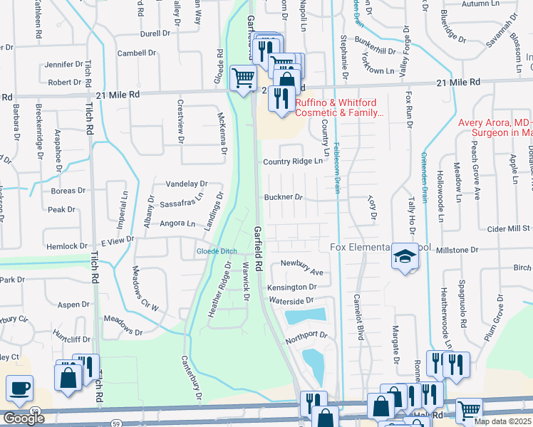 map of restaurants, bars, coffee shops, grocery stores, and more near 46225 Worlington Drive in Macomb