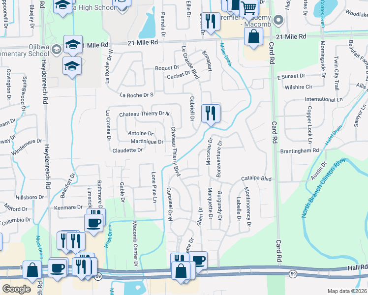 map of restaurants, bars, coffee shops, grocery stores, and more near 46075 Chateau Thierry Boulevard in Macomb