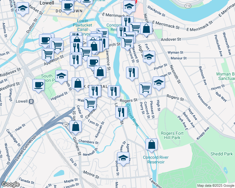 map of restaurants, bars, coffee shops, grocery stores, and more near 4 Joiners Court in Lowell