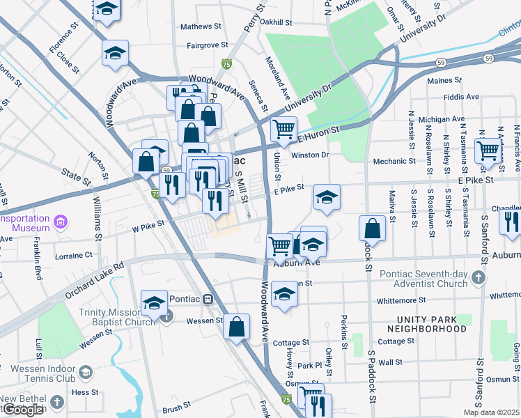 map of restaurants, bars, coffee shops, grocery stores, and more near 74 Water Street in Pontiac