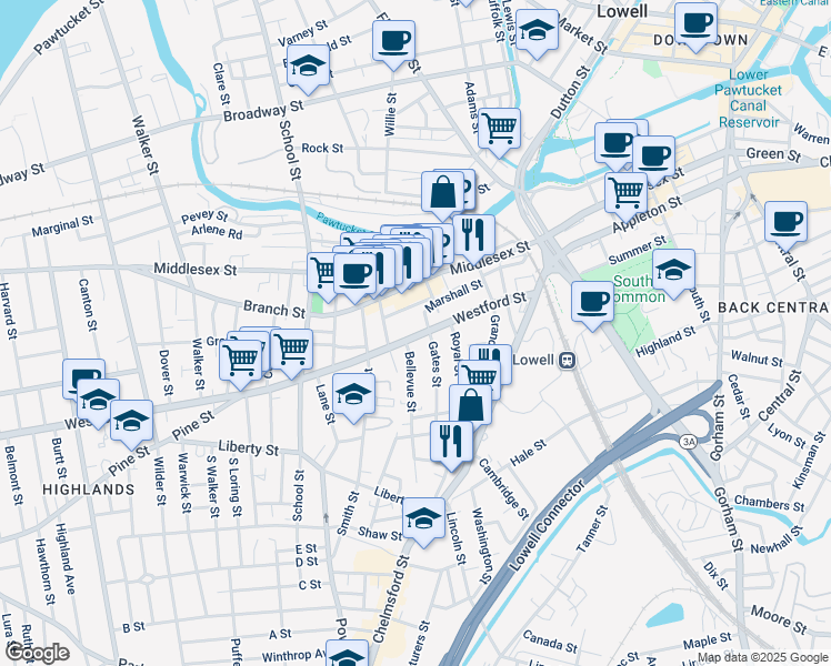 map of restaurants, bars, coffee shops, grocery stores, and more near 127 Westford Street in Lowell