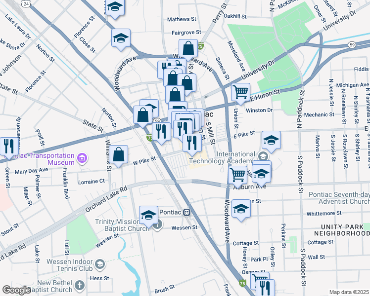 map of restaurants, bars, coffee shops, grocery stores, and more near 28 North Saginaw Street in Pontiac