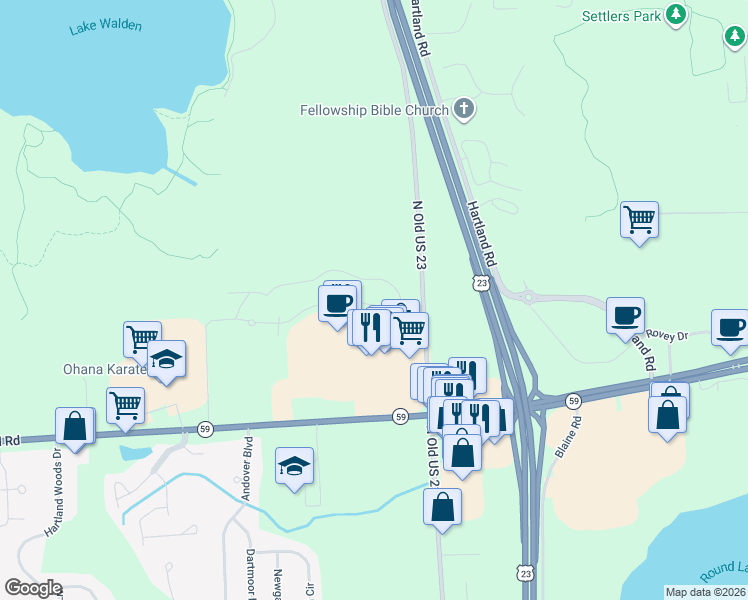 map of restaurants, bars, coffee shops, grocery stores, and more near 10121 Ridge Run Street in Howell