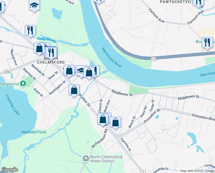 map of restaurants, bars, coffee shops, grocery stores, and more near 94 Middlesex Street in Chelmsford