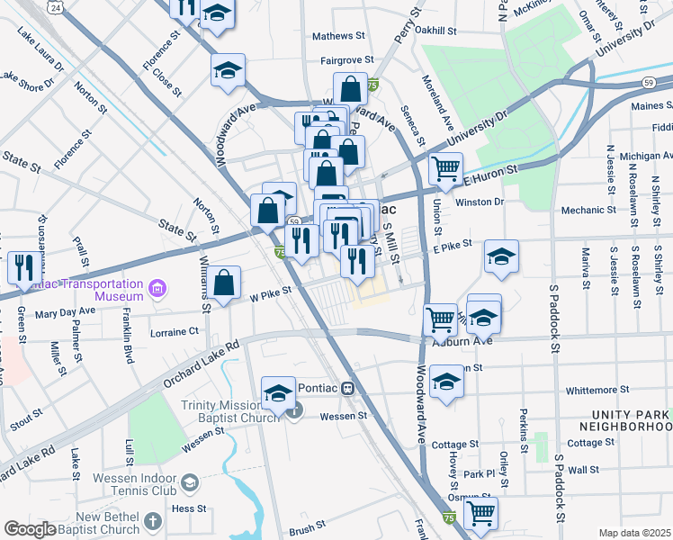 map of restaurants, bars, coffee shops, grocery stores, and more near 18 West Pike Street in Pontiac