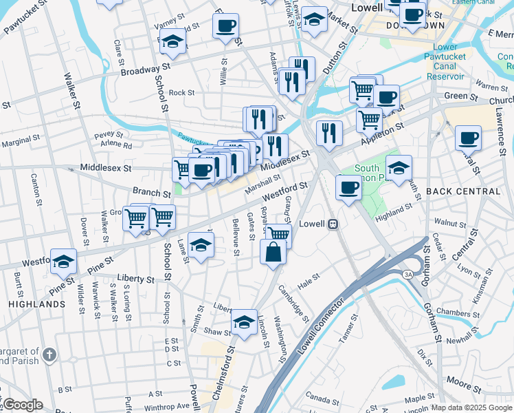 map of restaurants, bars, coffee shops, grocery stores, and more near 75 Westford Street in Lowell