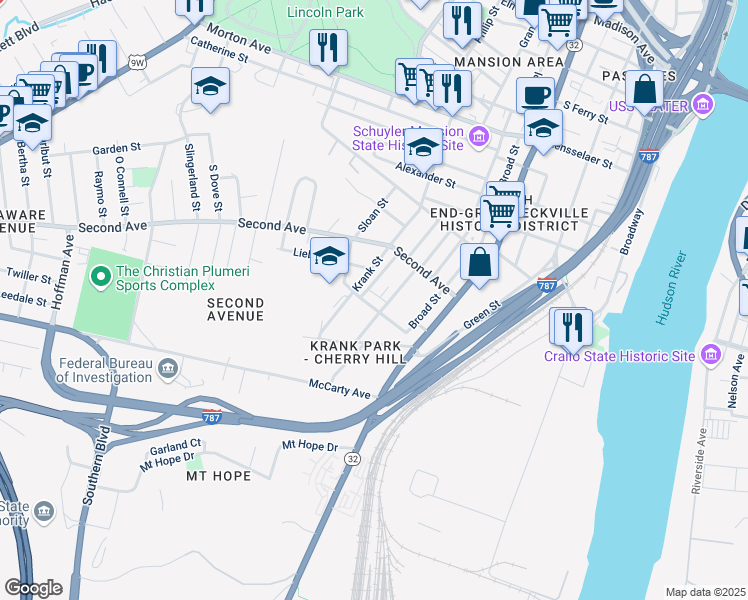 map of restaurants, bars, coffee shops, grocery stores, and more near 29 Odell Street in Albany