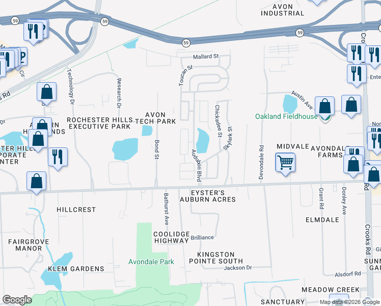 map of restaurants, bars, coffee shops, grocery stores, and more near 2 Bobolink Street in Rochester Hills