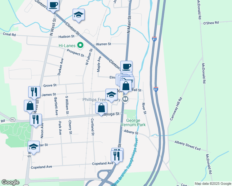 map of restaurants, bars, coffee shops, grocery stores, and more near 14 James Street in Homer