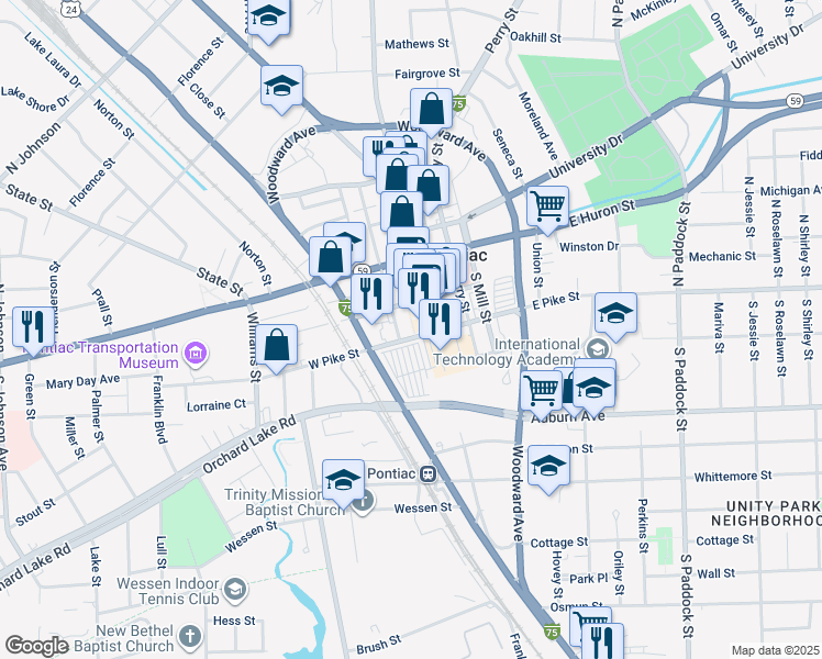 map of restaurants, bars, coffee shops, grocery stores, and more near 18 West Pike Street in Pontiac