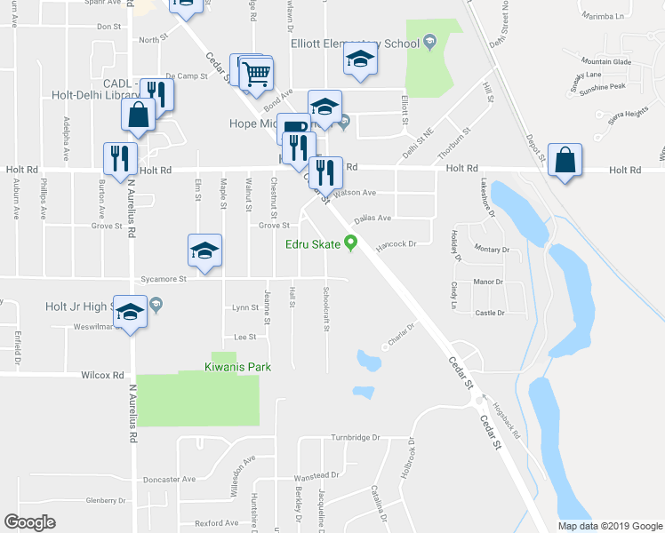 map of restaurants, bars, coffee shops, grocery stores, and more near 1874 Schoolcraft Street in Delhi charter Township