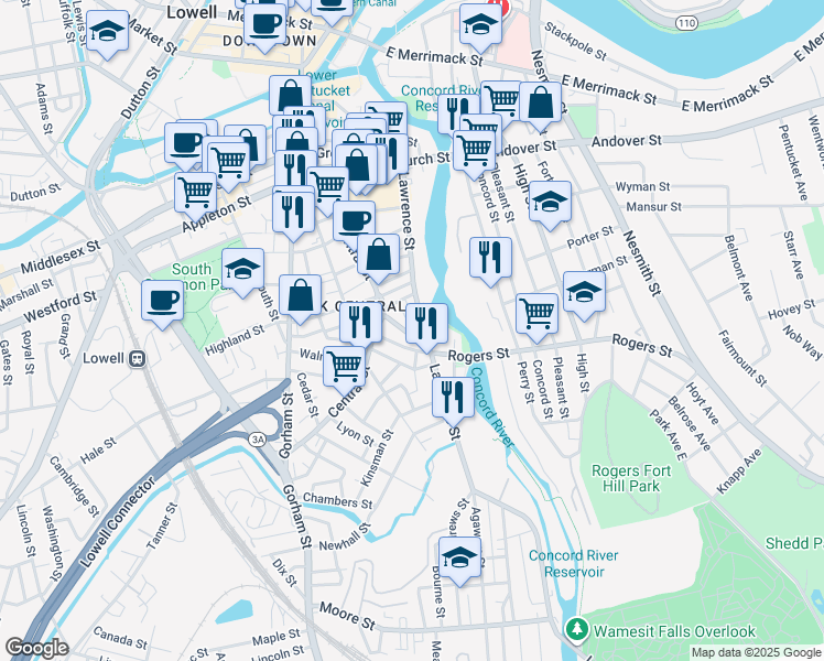 map of restaurants, bars, coffee shops, grocery stores, and more near in Lowell
