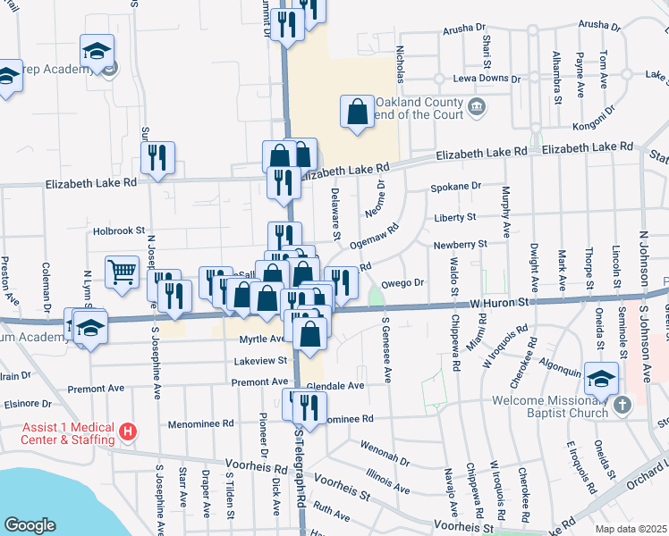 map of restaurants, bars, coffee shops, grocery stores, and more near 6 Delaware Street in Pontiac