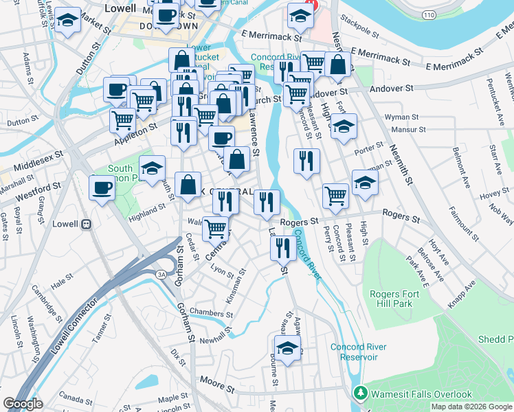 map of restaurants, bars, coffee shops, grocery stores, and more near in Lowell