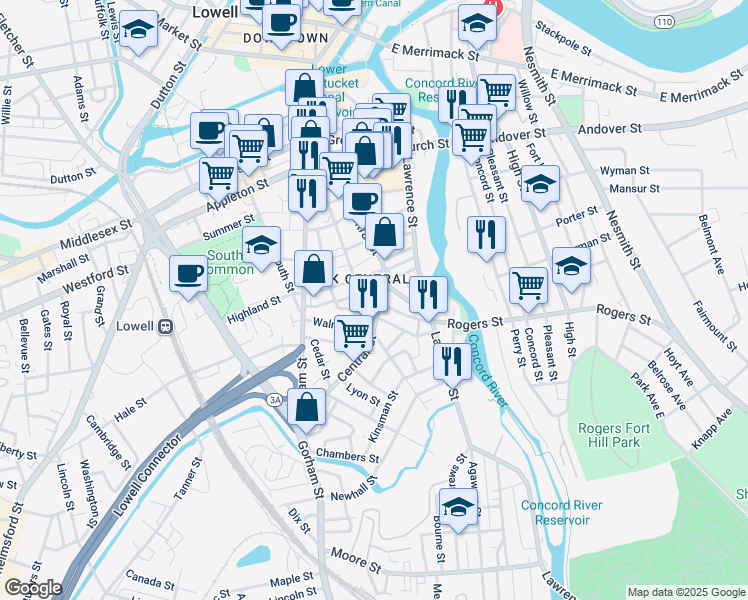 map of restaurants, bars, coffee shops, grocery stores, and more near 627 Central Street in Lowell