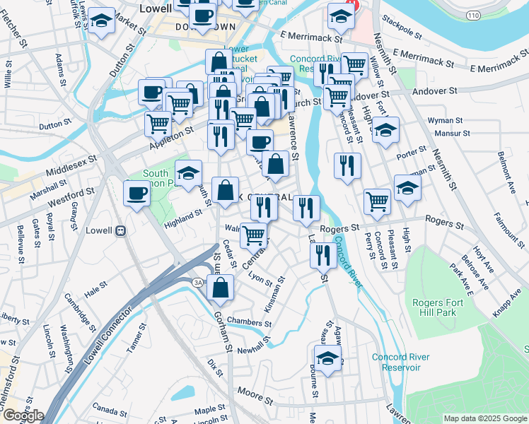 map of restaurants, bars, coffee shops, grocery stores, and more near 627 Central Street in Lowell