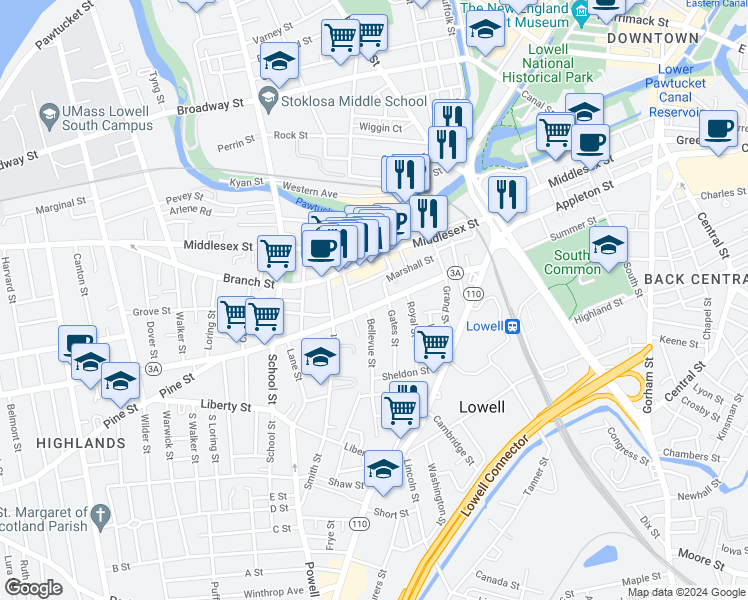 map of restaurants, bars, coffee shops, grocery stores, and more near 12 East Pine Street in Lowell