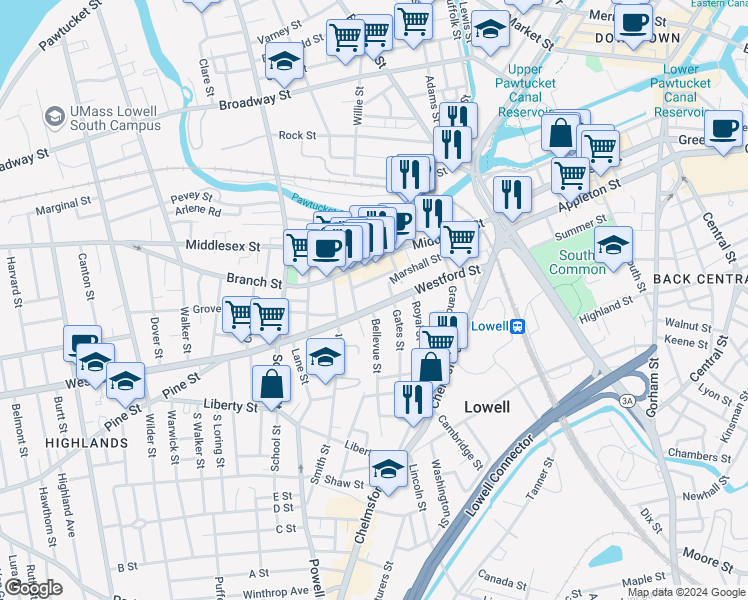 map of restaurants, bars, coffee shops, grocery stores, and more near 12 East Pine Street in Lowell