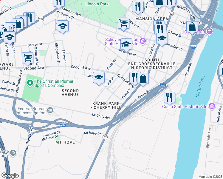 map of restaurants, bars, coffee shops, grocery stores, and more near 29 Odell Street in Albany