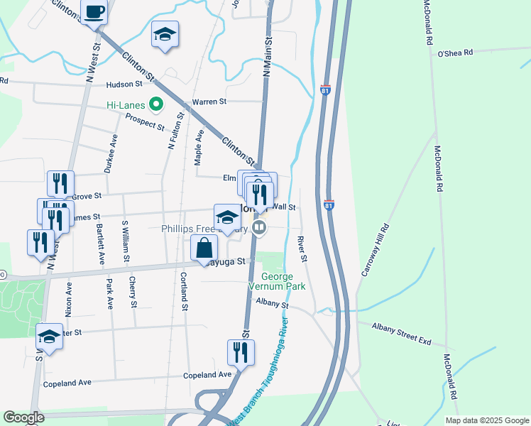 map of restaurants, bars, coffee shops, grocery stores, and more near 14 Wall Street in Homer