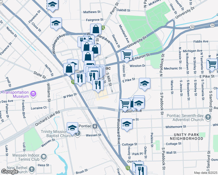 map of restaurants, bars, coffee shops, grocery stores, and more near in Pontiac