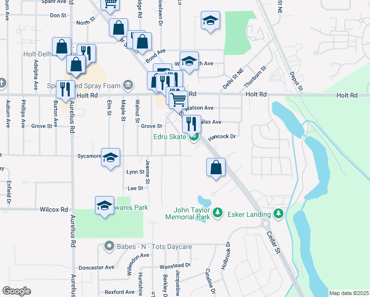 map of restaurants, bars, coffee shops, grocery stores, and more near 1891 North Cedar Street in Delhi charter Township