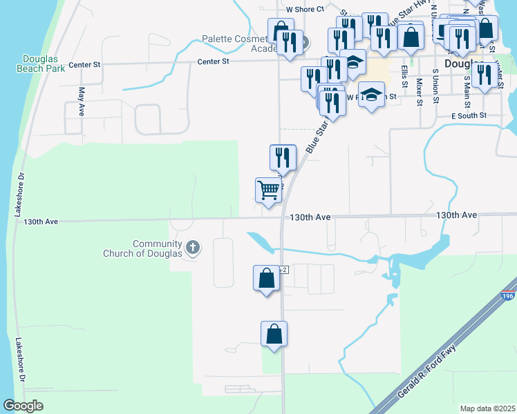 map of restaurants, bars, coffee shops, grocery stores, and more near 320 Blue Star Highway in Douglas
