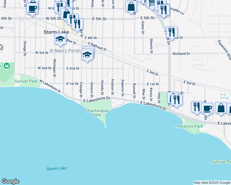 map of restaurants, bars, coffee shops, grocery stores, and more near 130 Superior St in Storm Lake