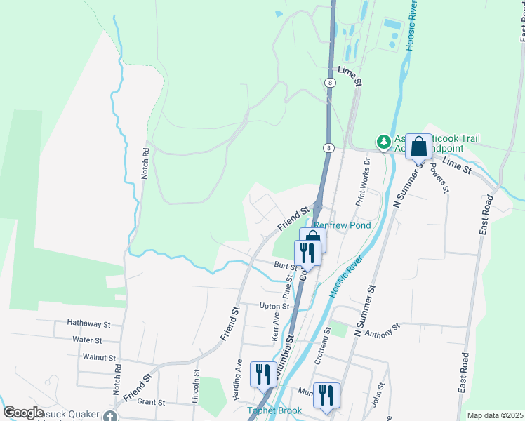 map of restaurants, bars, coffee shops, grocery stores, and more near 4 Noonan Street in Adams