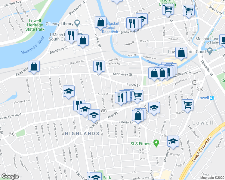 map of restaurants, bars, coffee shops, grocery stores, and more near 358 Walker Street in Lowell