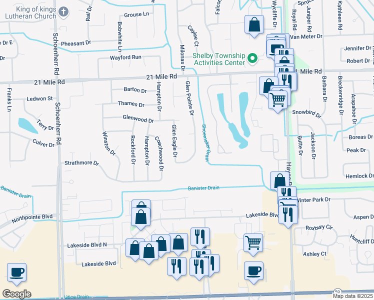 map of restaurants, bars, coffee shops, grocery stores, and more near 46442 Glen Eagle Drive in Macomb County