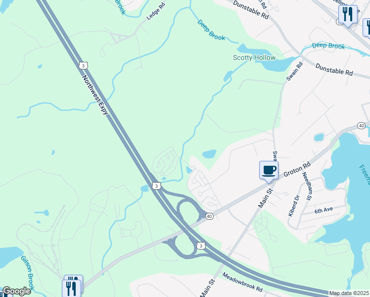 map of restaurants, bars, coffee shops, grocery stores, and more near 42 Scotty Hollow Drive in Chelmsford