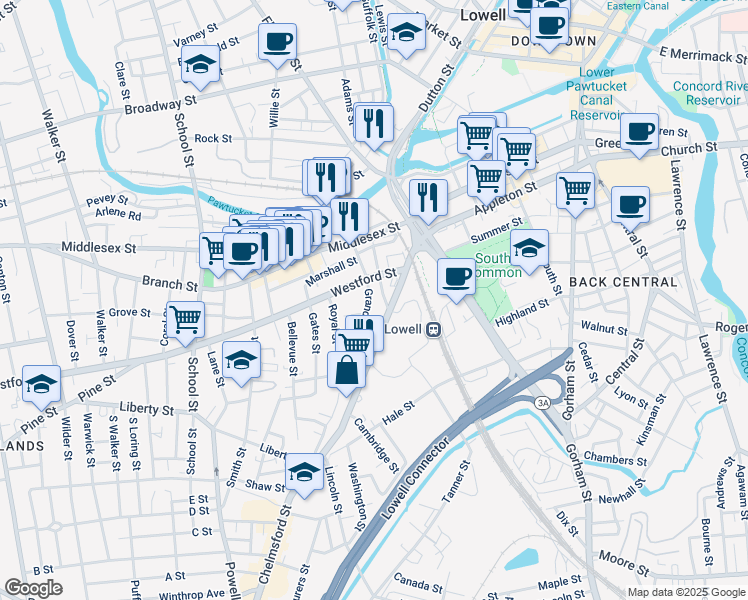 map of restaurants, bars, coffee shops, grocery stores, and more near 54 Grand Street in Lowell
