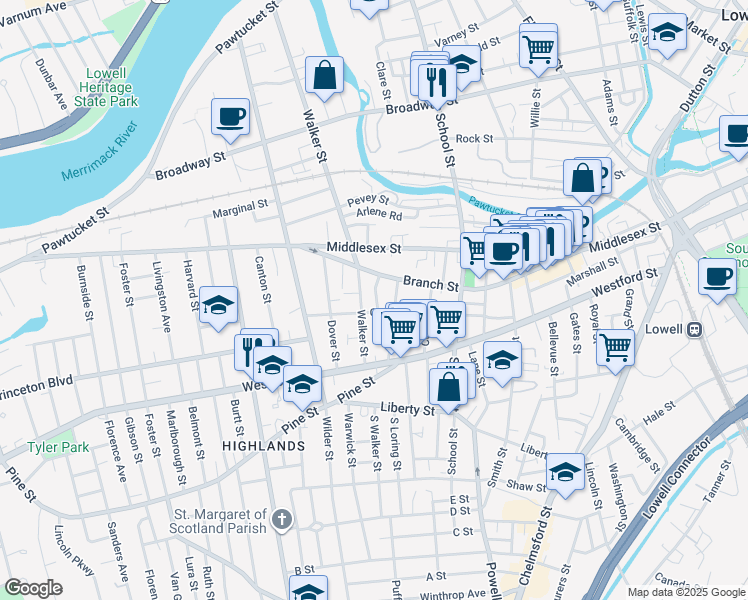 map of restaurants, bars, coffee shops, grocery stores, and more near 190 Branch Street in Lowell