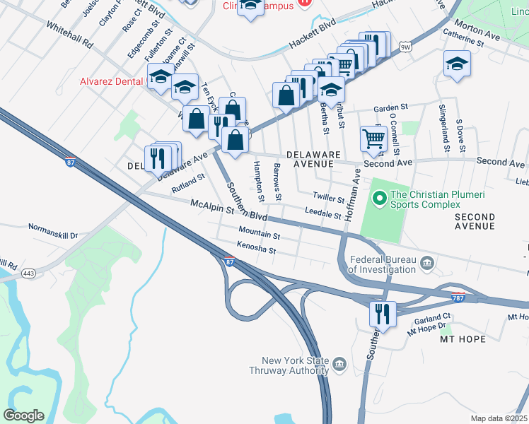 map of restaurants, bars, coffee shops, grocery stores, and more near 41 Barrows Street in Albany