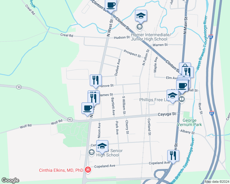 map of restaurants, bars, coffee shops, grocery stores, and more near 25 Grove Street in Homer