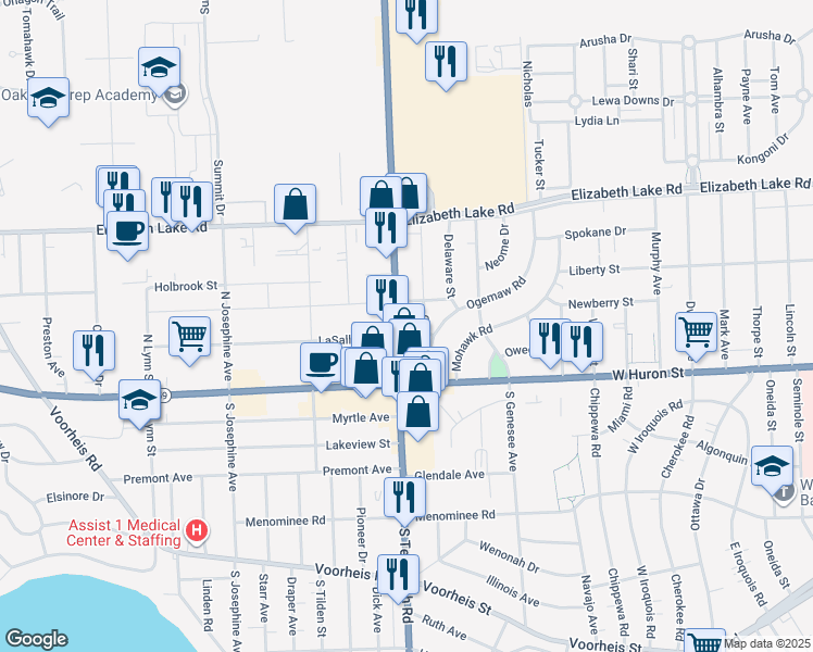 map of restaurants, bars, coffee shops, grocery stores, and more near 77 Osceola Drive in Pontiac