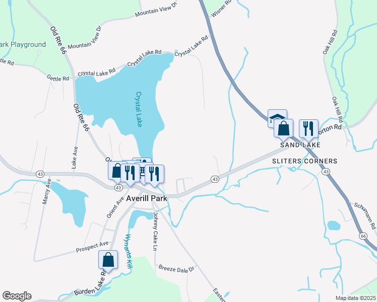 map of restaurants, bars, coffee shops, grocery stores, and more near 23 Bullis Drive in Averill Park