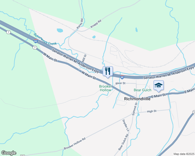 map of restaurants, bars, coffee shops, grocery stores, and more near 195 West Main Street in Richmondville