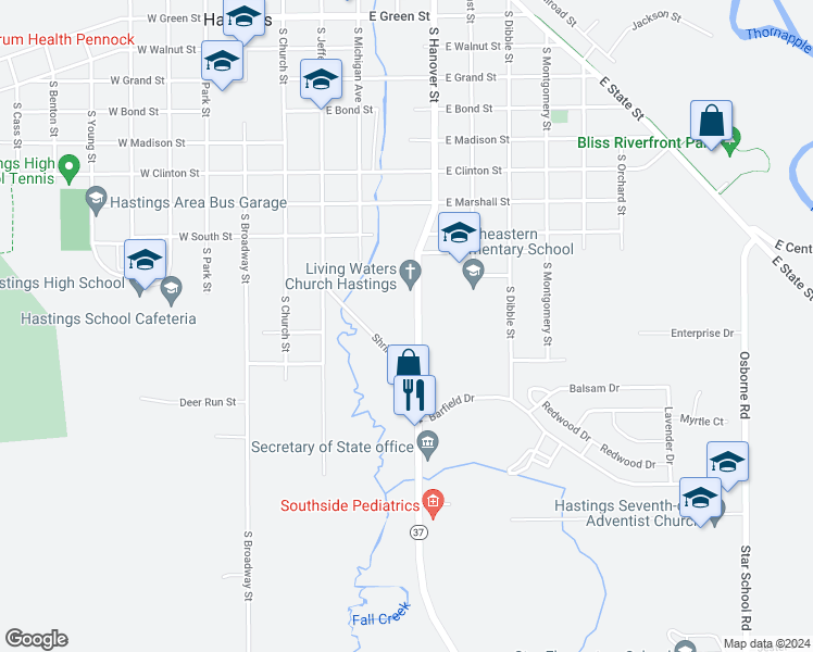 map of restaurants, bars, coffee shops, grocery stores, and more near 1324 South Hanover Street in Hastings