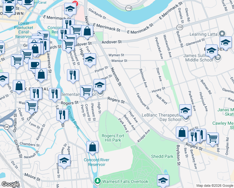 map of restaurants, bars, coffee shops, grocery stores, and more near 263 Nesmith Street in Lowell