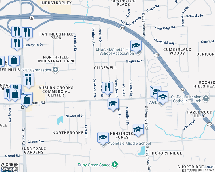 map of restaurants, bars, coffee shops, grocery stores, and more near 2924 Simpson Drive in Rochester Hills