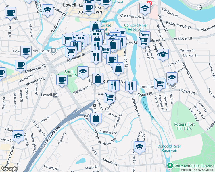 map of restaurants, bars, coffee shops, grocery stores, and more near 52 Auburn Street in Lowell