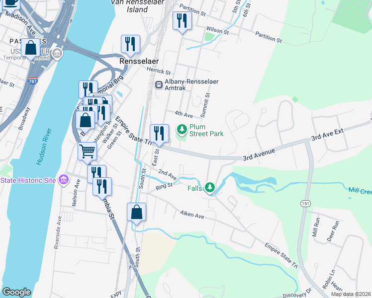 map of restaurants, bars, coffee shops, grocery stores, and more near 16 Plum Street in Rensselaer